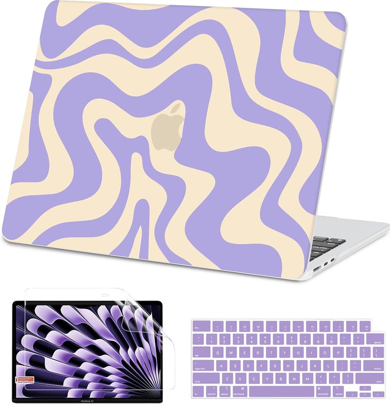 AKIT Compatible with MacBook Air 13 inch Case 2026 2025 2024-2022 M4 M3 M2 A3240 A3113 A2681, Pattern Hard Shell Laptop Case+Screen Protector+Keyboard Cover for MacBook Air 13.6 inch 2025, Violet Wave - Image 1